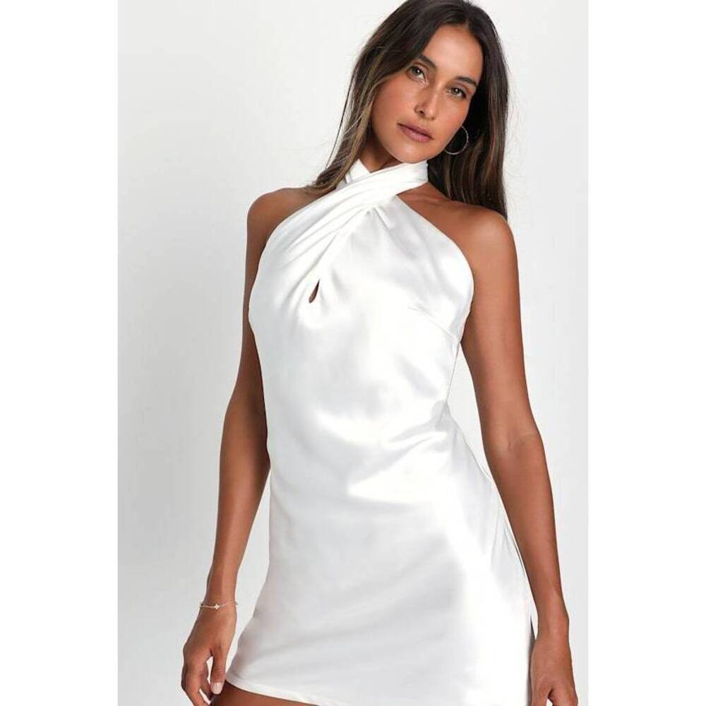 Lulus Beyond Classy White Satin Halter Mini Dress - Size S